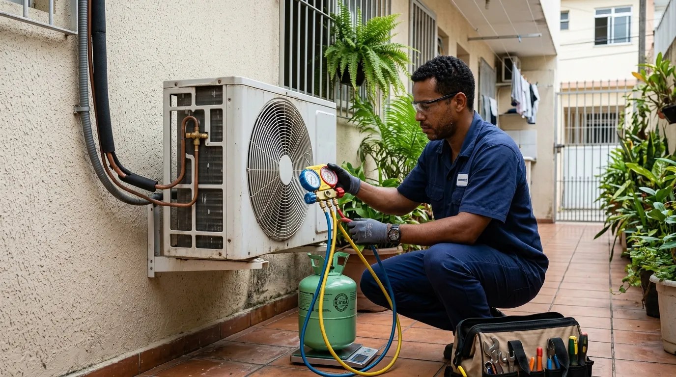 Técnico fazendo carga de gás na condensadora do ar-condicionado em Americana‑SP