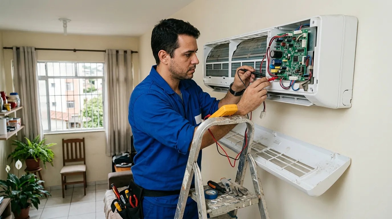 Técnico trocando a placa eletrônica de ar-condicionado split em Americana‑SP