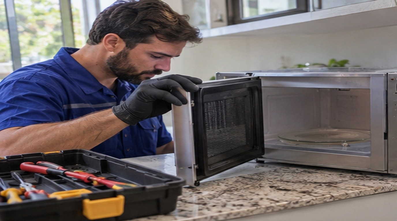 Conserto de micro-ondas em Americana‑SP: técnico abrindo um micro-ondas de bancada