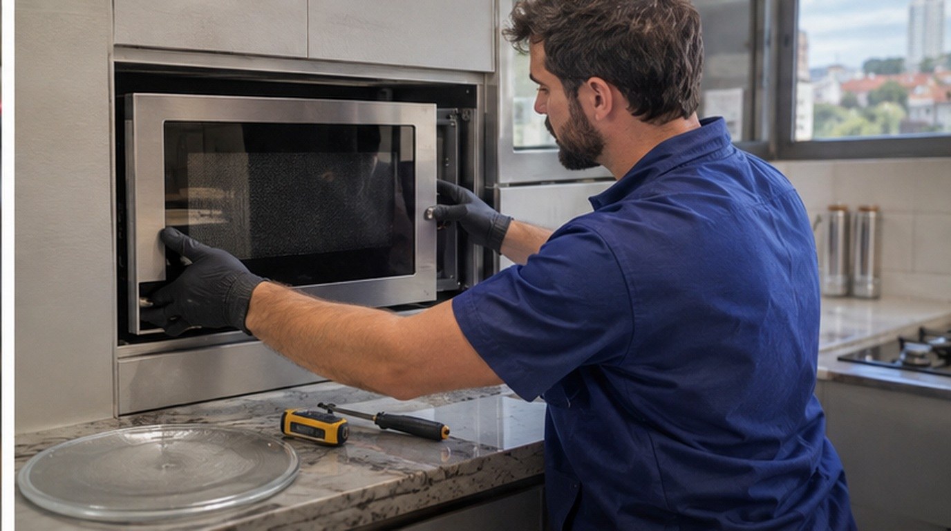 Conserto de micro-ondas de embutir em Americana‑SP: técnico encaixando o aparelho no armário