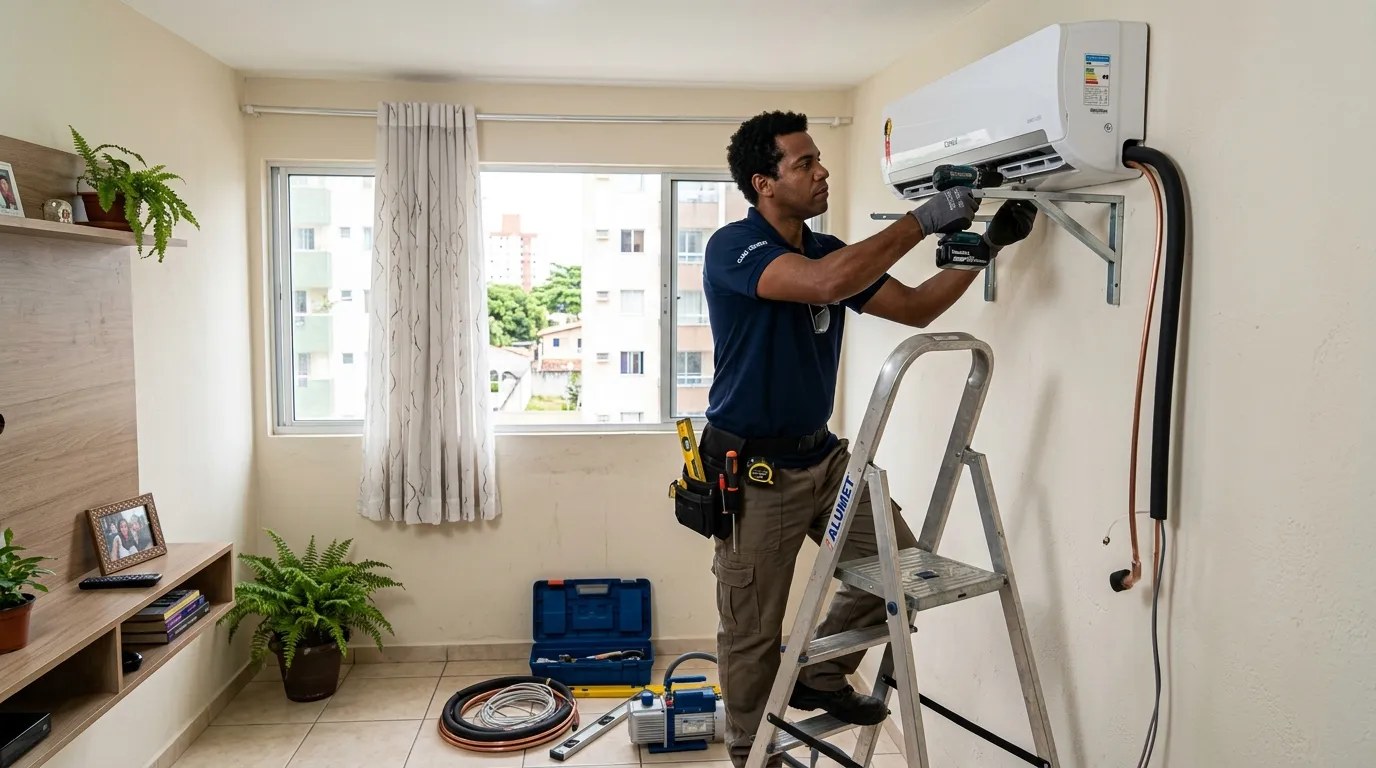 Técnico instalando ar-condicionado split em residência em Americana‑SP