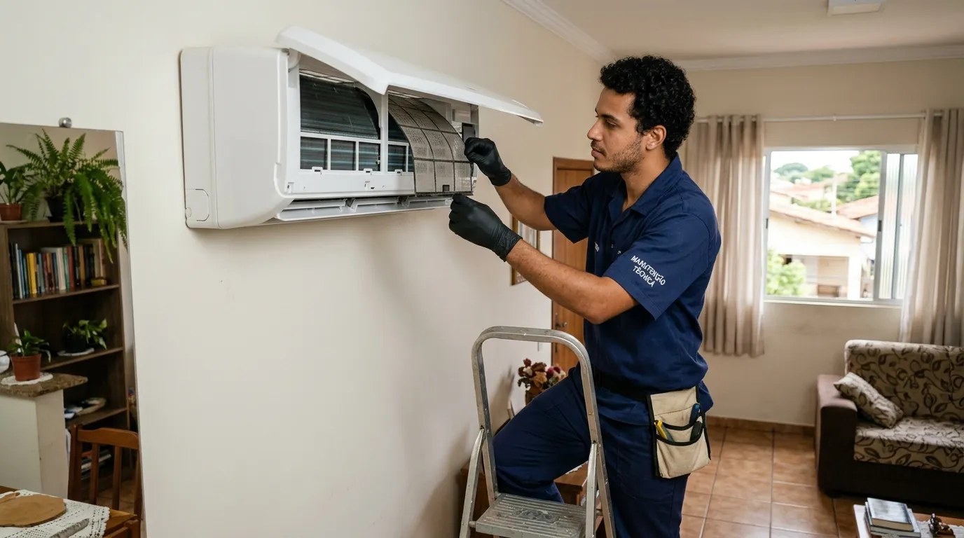 Técnico fazendo limpeza e higienização de ar-condicionado split em Americana‑SP