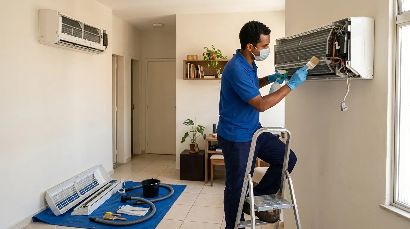 Técnico fazendo manutenção de ar-condicionado split em Americana‑SP