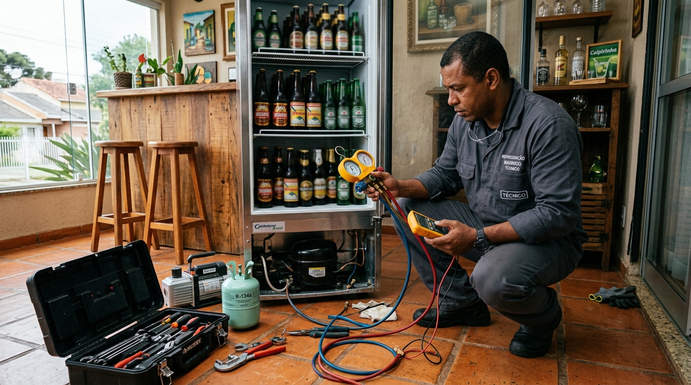 Técnico conferindo a temperatura de uma cervejeira durante atendimento em Americana‑SP