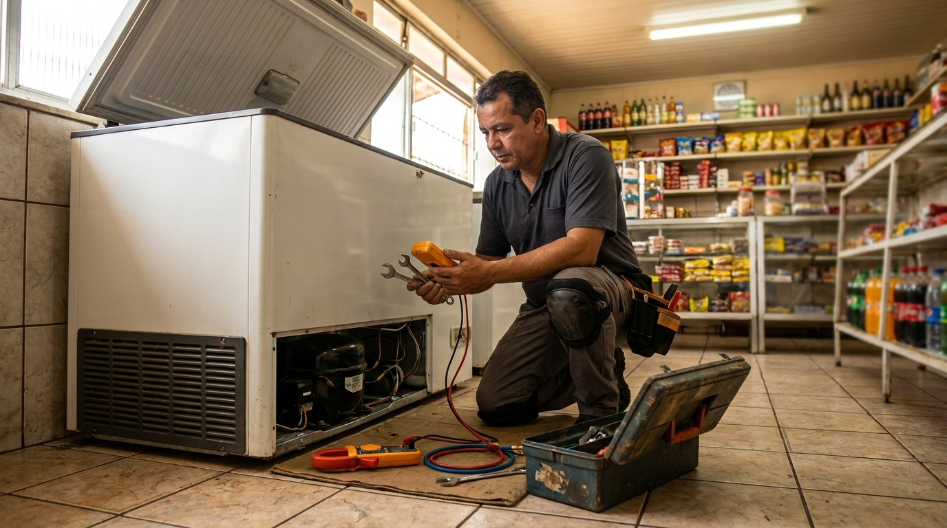 Técnico avaliando um freezer vertical durante atendimento em Americana‑SP
