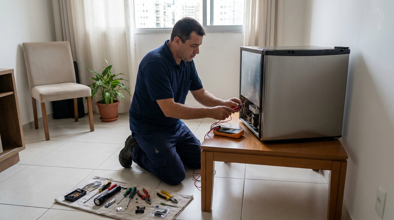 Técnico avaliando um frigobar compacto durante atendimento em Americana‑SP